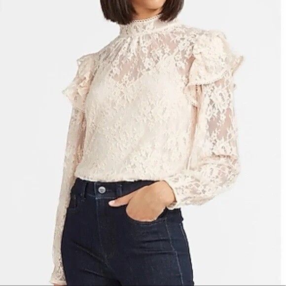 Express Tops - Express Shirt Medium Lace Floral Ruffled Sleeve Sheer Coquette Feminine Romantic